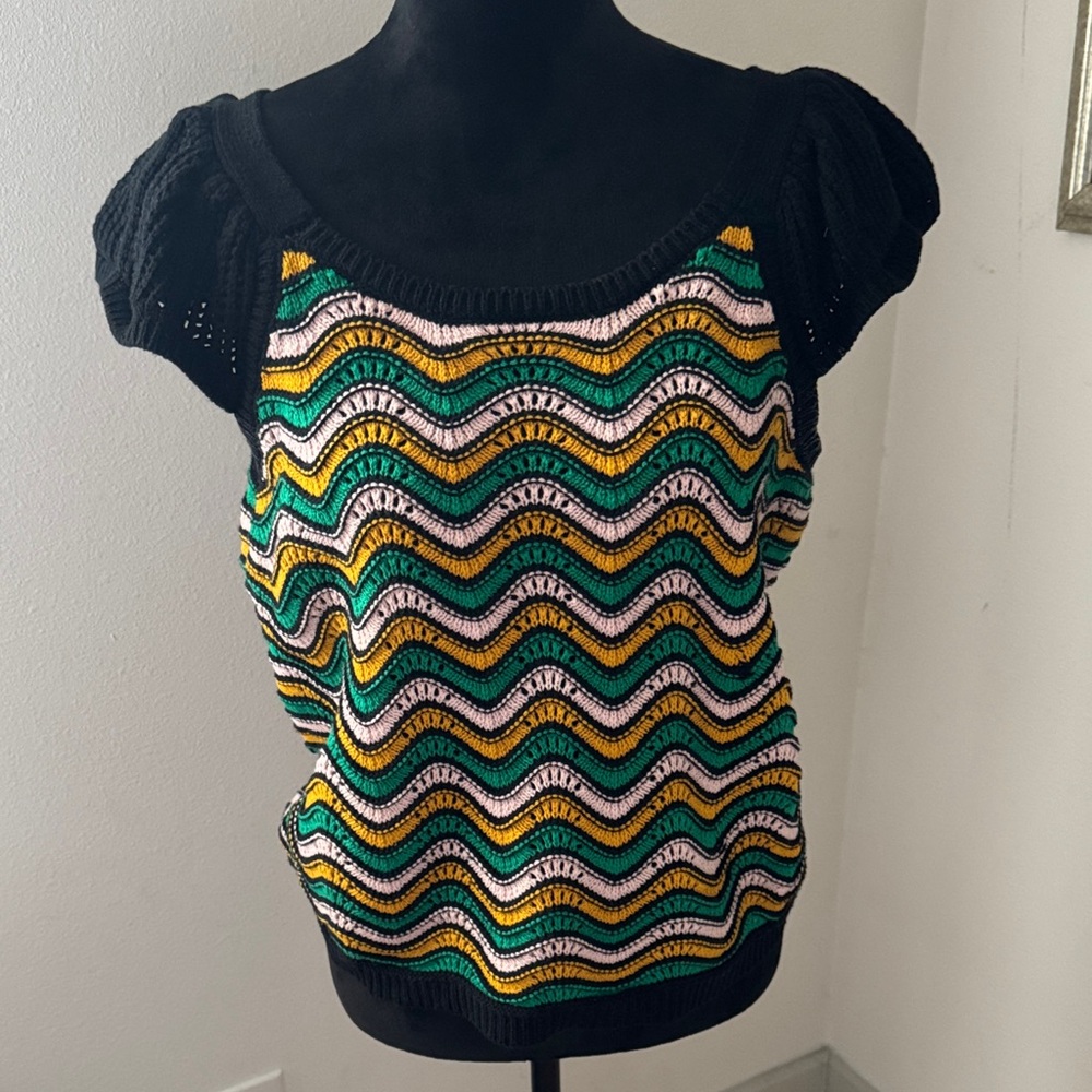 Kaly K Crochet Colorful Wave Pattern Knit Top‎ boho Sz L